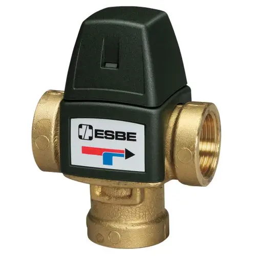 Mischventil von ESBE mit einer kompakten, rechteckigen Bauform und goldenen Anschlussstellen, das zur Regelung von Temperaturen in Heizsystemen dient.